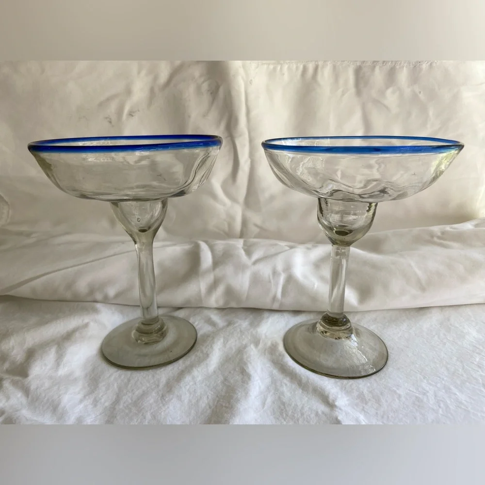 Vintage Margarita Glasses Blue Rim Mexican Hand‎ blown 6.5” x 5” set of 2